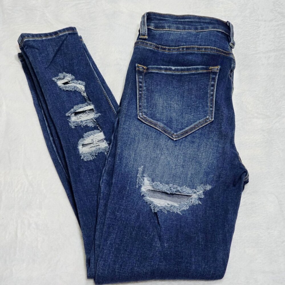 Nature Denim ✦ Mid-Rise Skinny Jeans ✦ Dark Wash Ripped Stretch Denim Pants 25